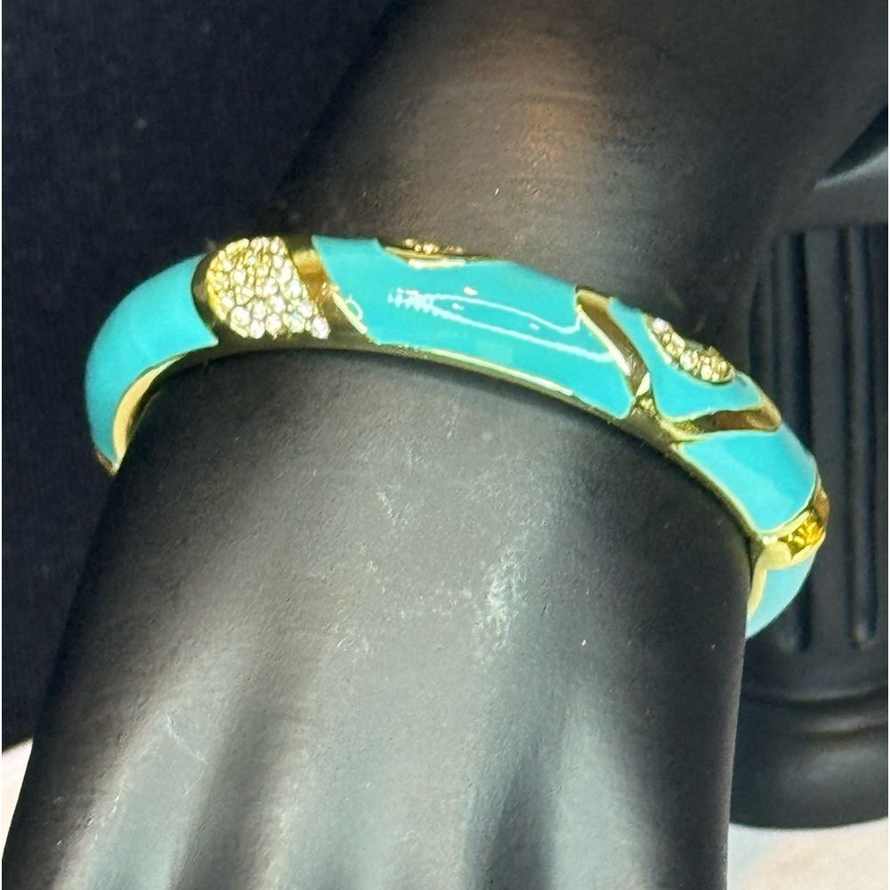 Aqua and Gold Hinged Crystal Bangle Bracelet NWOT